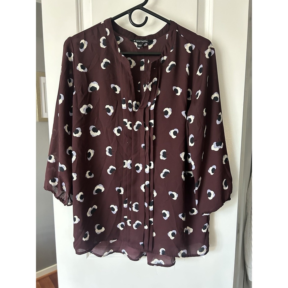 41 Hawthorn Purple Floral  3/4 Length Sleeve Split Neck Blouse Shirt Top Size L
